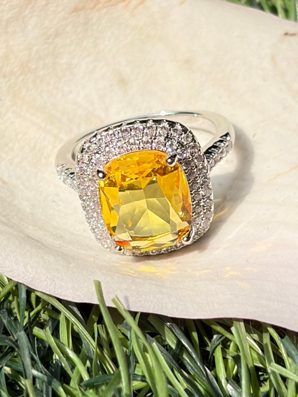 Silver Tone Fancy Giant Elongated Cushion Imitation Citrine Halo Style